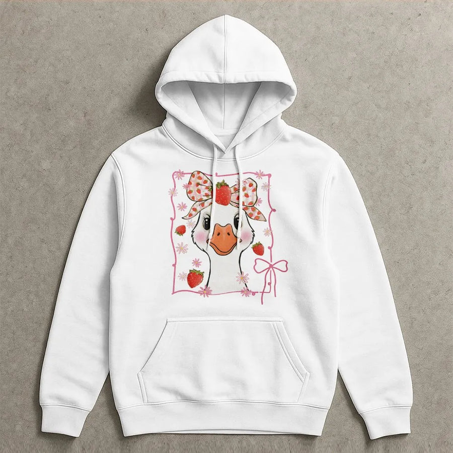 Strawberry Goose Hoodie | Cute Coquette Aesthetic Graphic Print | Soft Cotton Blend Pullover | Cottagecore Gift for Her