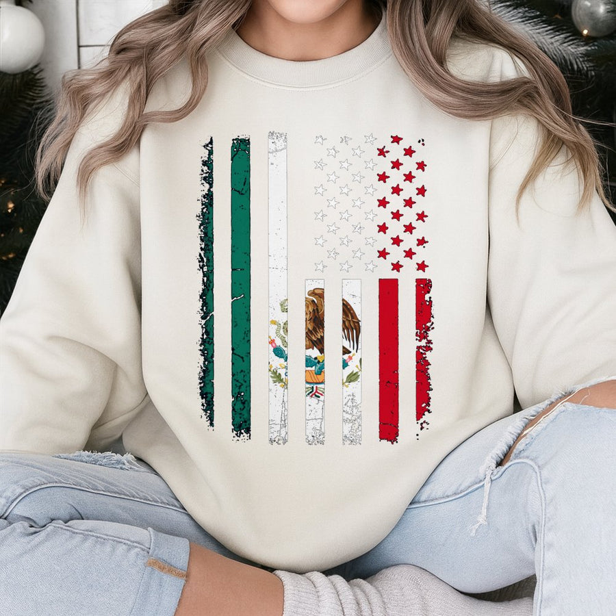 Mexican American Flag Sweatshirt | Distressed Heritage Graphic Print | Premium Cotton Blend | Gift For Latino Pride & Cultural Identity