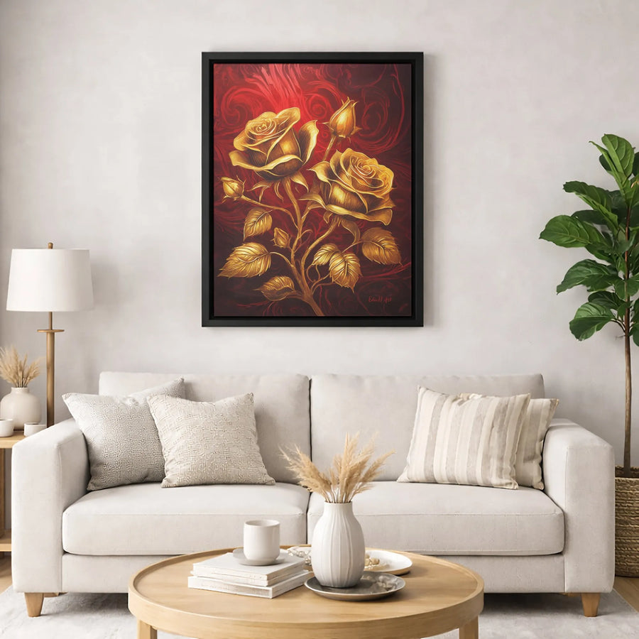 Golden Rose Wall Art | Elegant Floral Painting on Deep Red Swirls | Premium Gallery Canvas | Luxury Home Decor Gift for Her