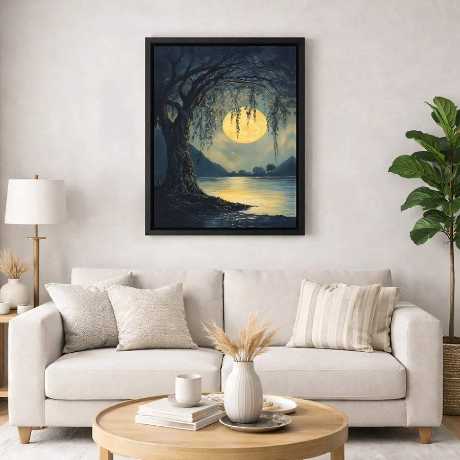 Weeping Willow Wall Art | Full Moon Lake Landscape Canvas Print | Premium Gallery Wrapped Decor | Nature Lover Gift for Home and Office