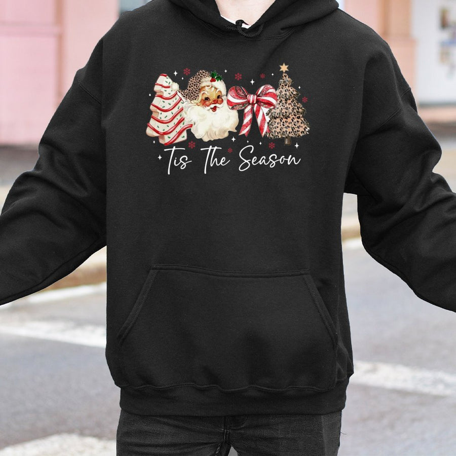 Retro Santa Hoodie | Tis The Season Leopard Christmas Tree Print | Premium Cotton Blend Sweatshirt | Cute Festive Holiday Gift For Women