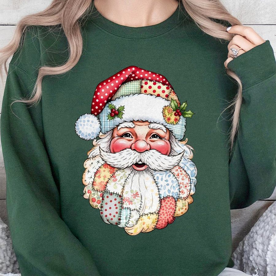 Patchwork Santa Sweatshirt | Vintage Quilt Style Christmas Design | Premium Cotton Blend | Cozy Holiday Gift for Women and Men