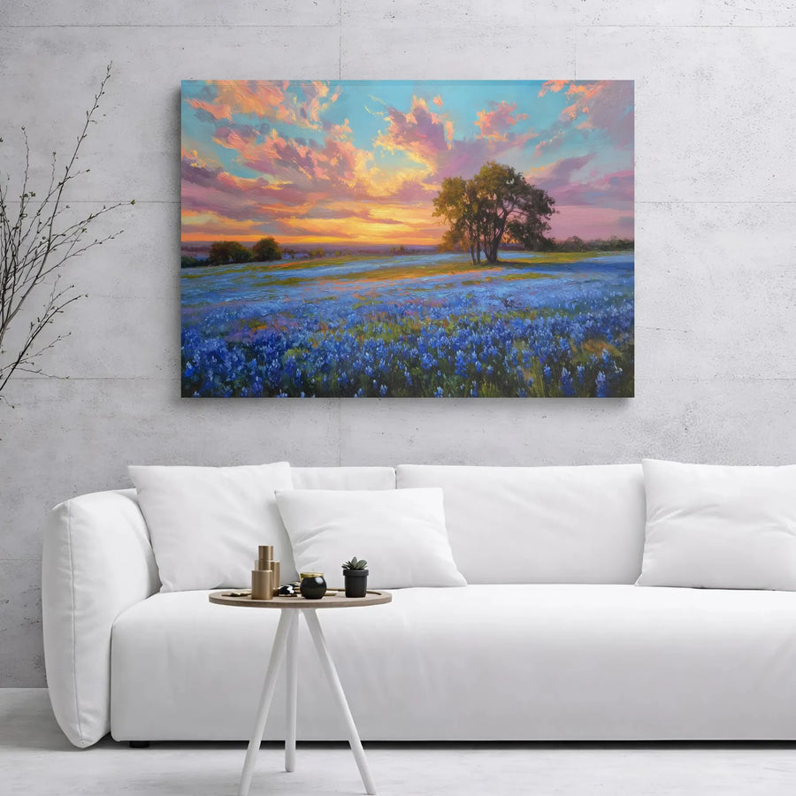Texas Bluebonnet Field Canvas Wall Art | Impressionist Sunset Landscape Painting | Gallery Wrapped Premium Decor | Nature Lover Living Room Gift