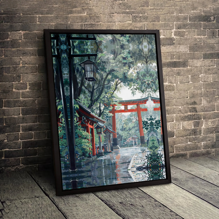 Japanese Torii Gate Canvas Print | Rainy Shrine Landscape Wall Art | Gallery-Quality 1.25" Premium Canvas | Serene Zen Decor For Home Or Office