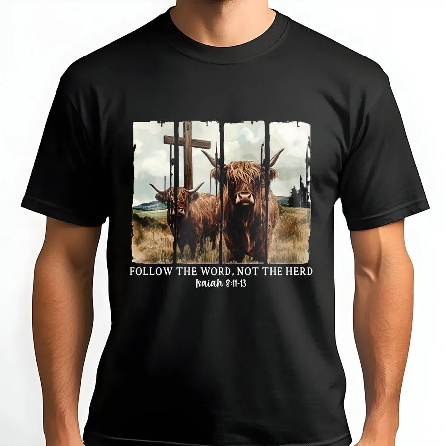 Highland Cow Christian T-Shirt | Follow The Word Not The Herd Bible Verse Design | Premium Cotton Graphic Tee | Religious Gift for Men and Women