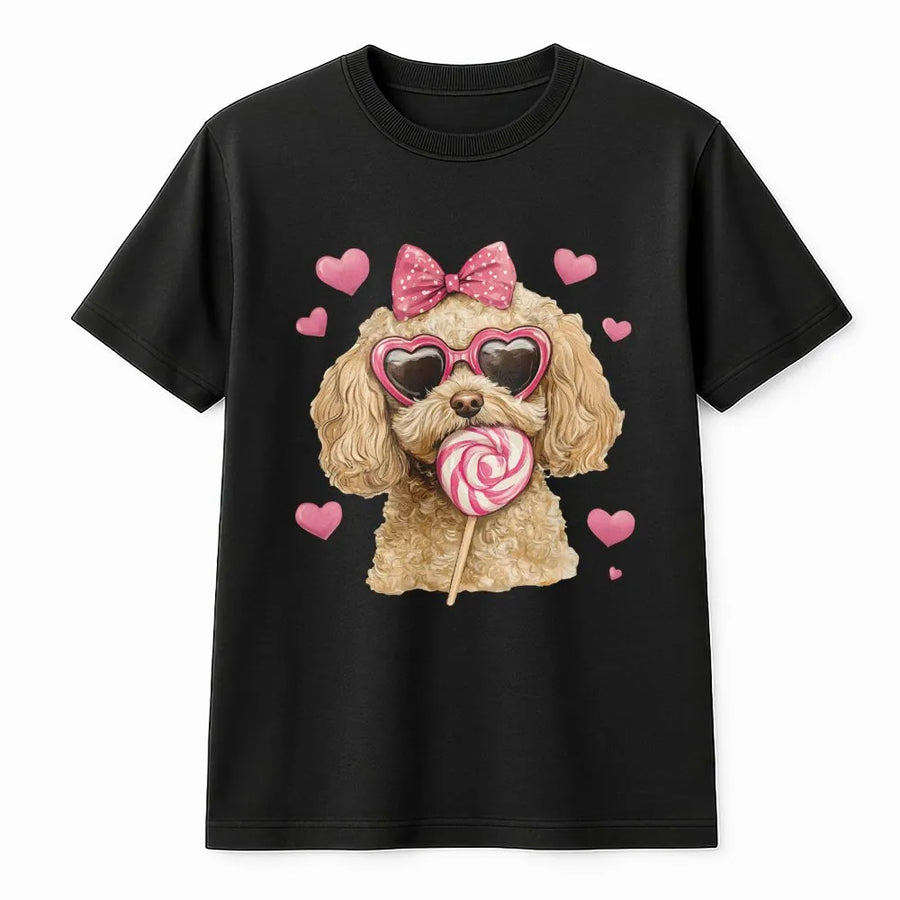 Valentine Dog T-Shirt | Cute Poodle with Hearts & Lollipop Graphic | 100% Premium Cotton Tee | Gift for Dog Mom & Puppy Lovers