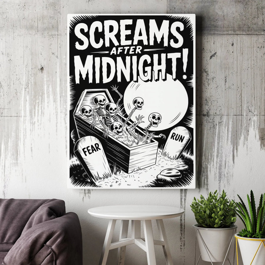 Screams After Midnight Gothic Wall Art | Creepy Coffin Skeleton Illustration | Premium Gallery Wrapped Canvas | Halloween Home Decor Gift