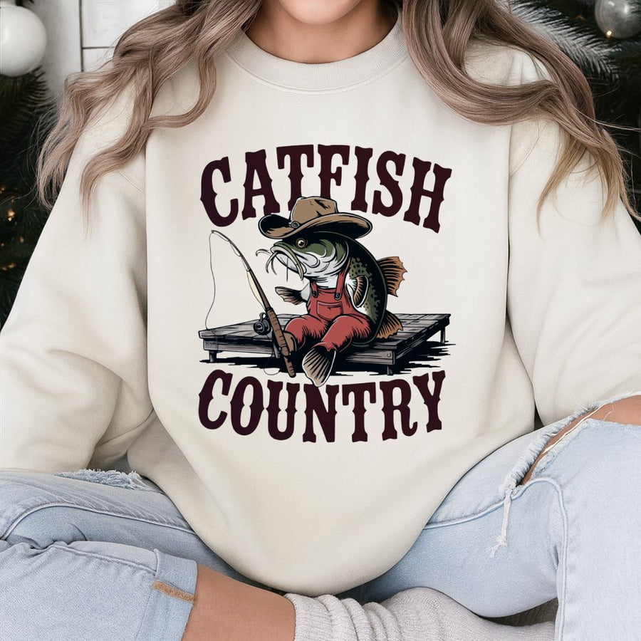 Catfish Country Graphic Sweatshirt | Funny Cowboy Fishing Cartoon Design | Premium Cotton Blend | Gift for Anglers and Fishing Lovers