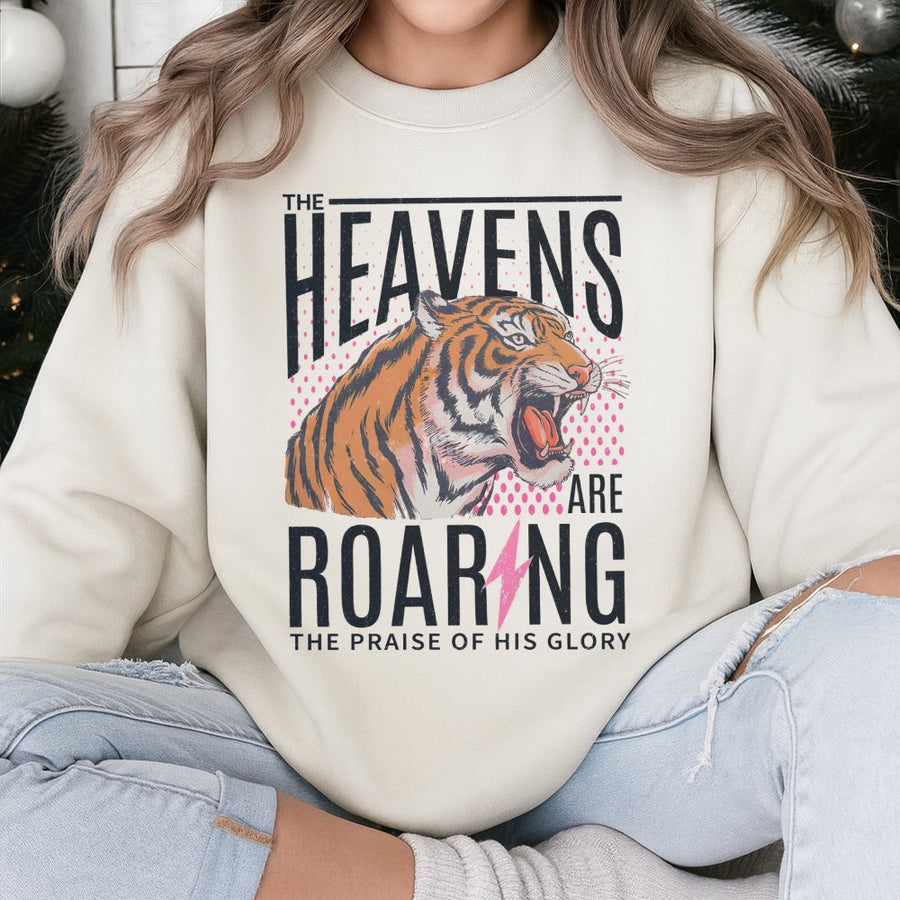 The Heavens Are Roaring Sweatshirt | Tiger Bible Verse Graphic Design | Premium Cotton Blend | Christian Faith Gift for Him and Her