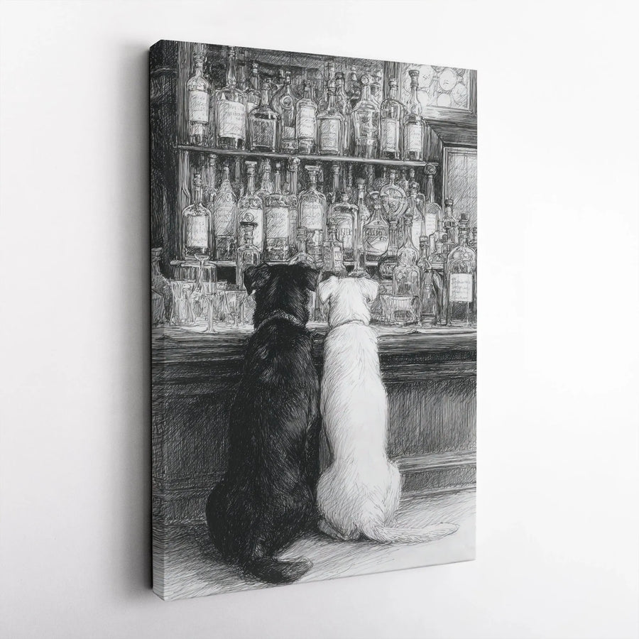 Labrador Dogs at Bar Canvas Print | Black and White Sketch Art | Premium 1.25 Inch Gallery Wrap | Dog Lover Home Office Gift Decor