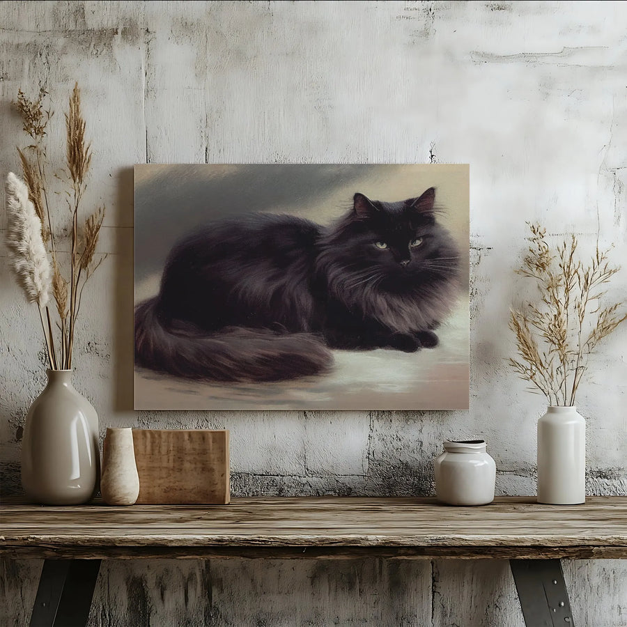 Black Cat Canvas Wall Art | Moody Fluffy Feline Oil Painting Style | Premium Gallery Wrap 1.25" Profile | Elegant Animal Portrait Gift for Cat Lovers