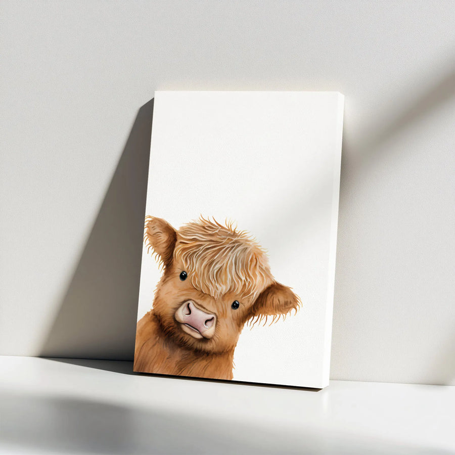 Highland Cow Canvas Wall Art | Peeking Baby Calf Watercolor Design | Premium Gallery Wrap Stretched Print | Farmhouse Nursery Home Decor