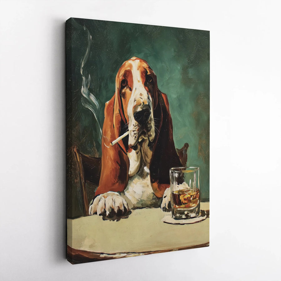 Smoking Basset Hound Canvas Wall Art | Vintage Painting Style Funny Dog Art | Premium Gallery Wrap Canvas | Man Cave Decor & Home Bar Gift