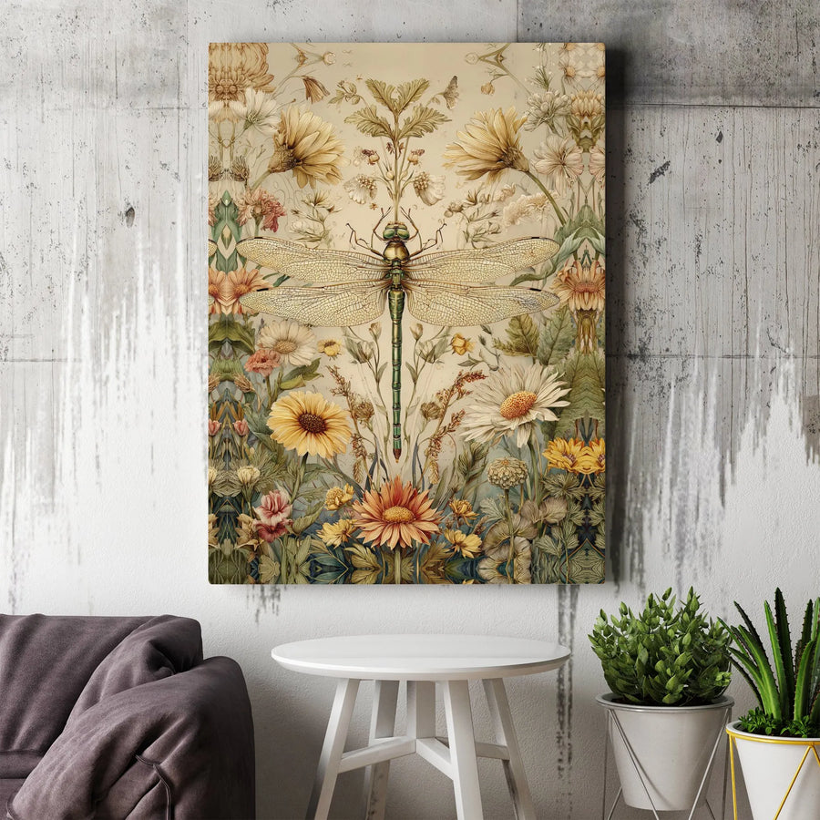 Vintage Dragonfly Canvas Print | Botanical Insect & Wildflower Art | Premium Gallery Wrapped Canvas | Nature Lover's Home Decor Gift