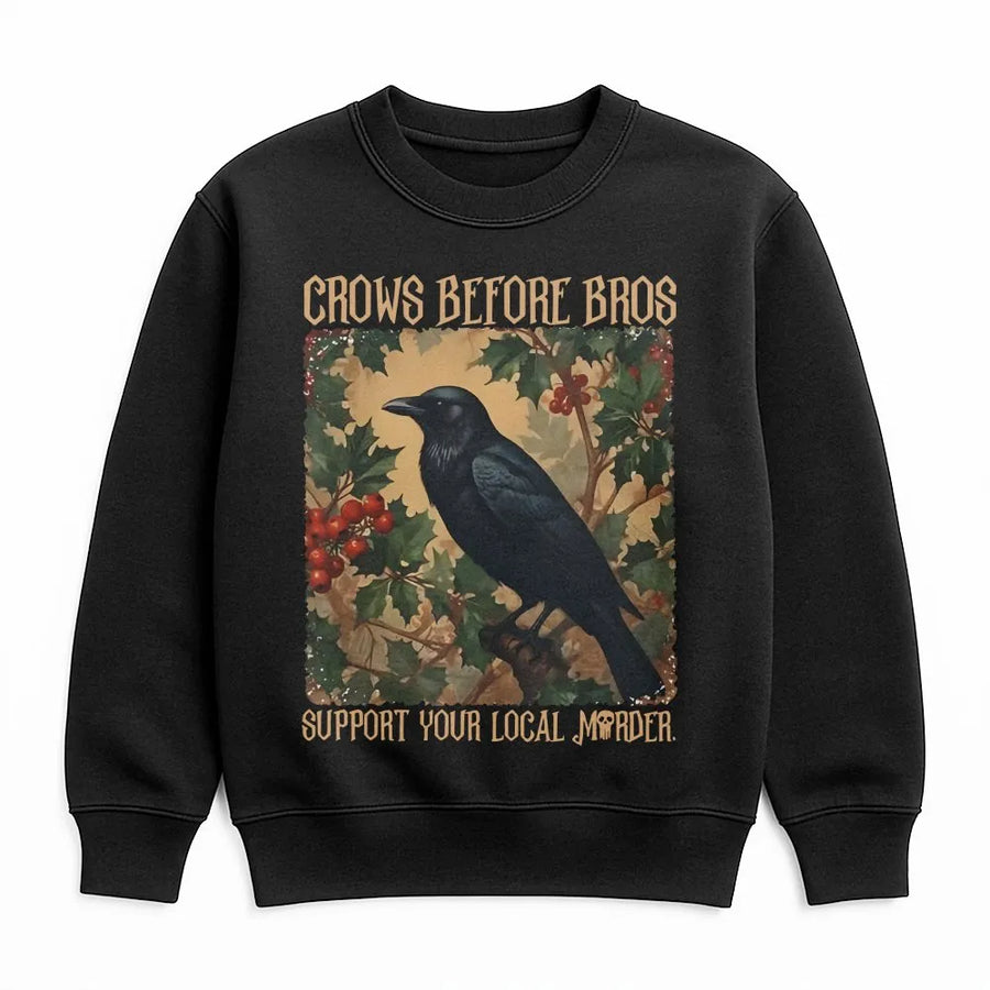 Crows Before Bros Shirt | Funny Feminist Raven Graphic with Holly Branch | Premium Cotton Tee | Gift for Bird Lovers, Witchy Women
