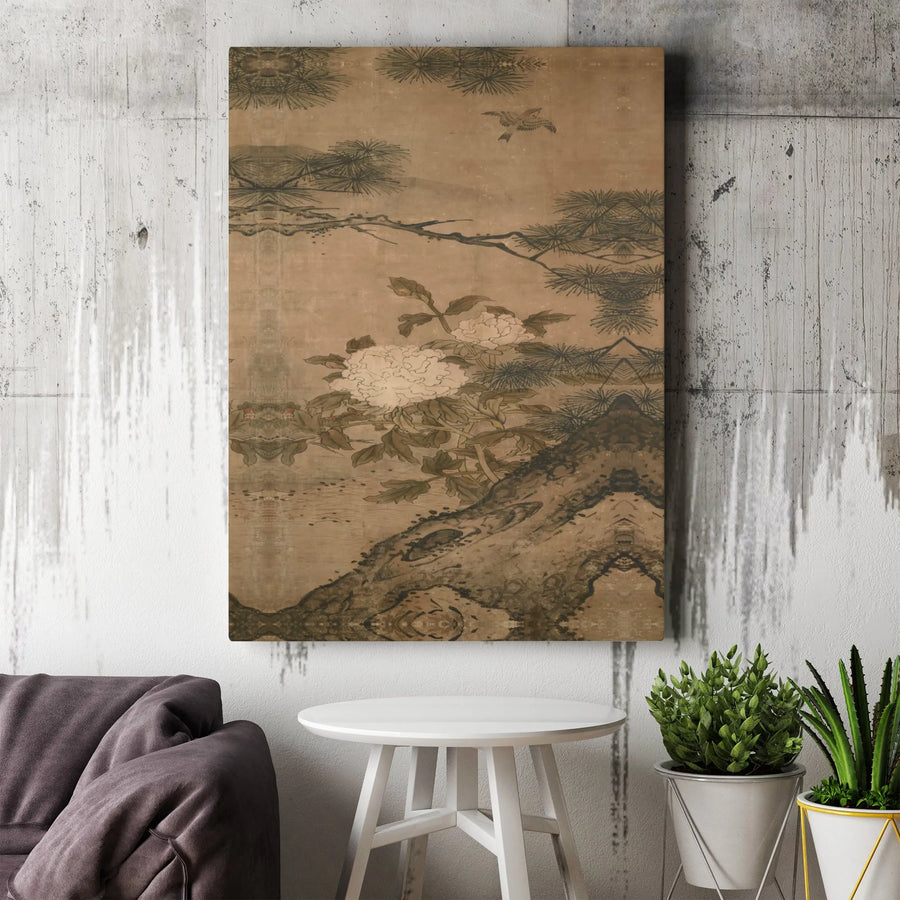 Japanese Peony Art Canvas | Vintage Bird and Pine Tree Wall Decor | Premium Gallery Wrap Print | Zen Home Office Aesthetic Gift