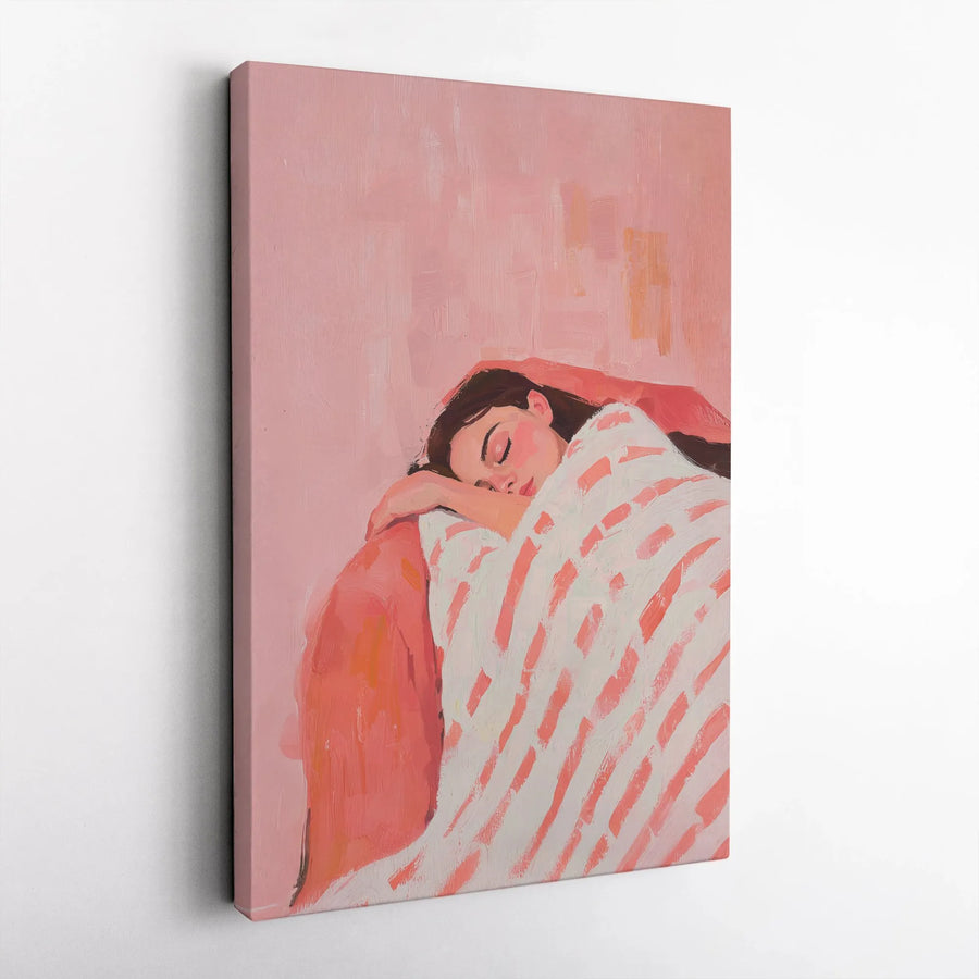 Sleeping Woman Canvas Art | Impressionist Pink Striped Blanket Painting | 1.25-Inch Gallery Wrap | Modern Bedroom Home Decor Wall Art