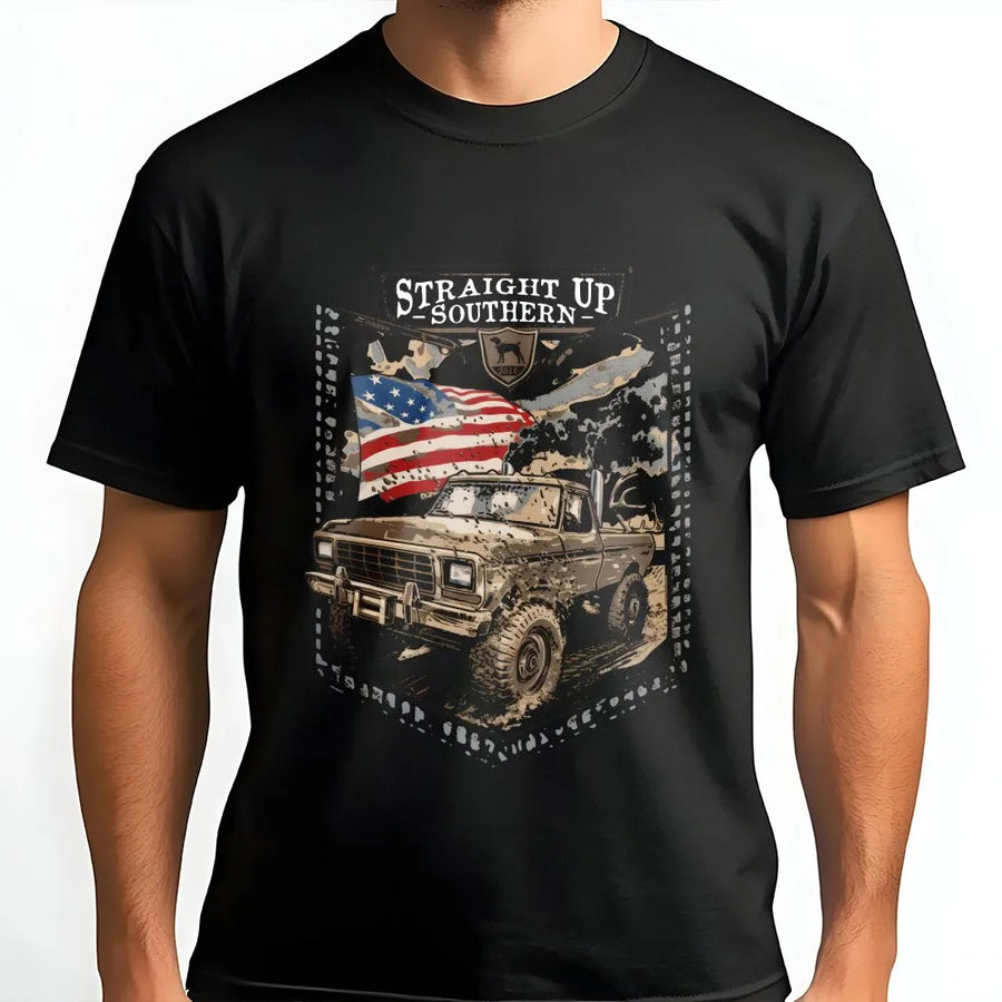 Southern Truck T-Shirt | Distressed American Flag Graphic | Premium Cotton-Blend Sweatshirt | Gift for Southern Patriots & Off-Roading Fans