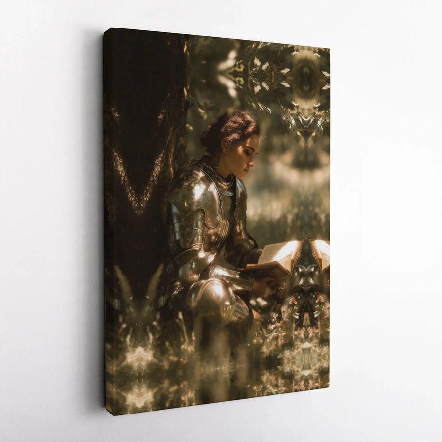 Woman Knight Canvas Art | Medieval Fantasy Warrior Reading Book | Premium Gallery Wrap Print | Whimsical Home Decor Gift for Fantasy Lovers