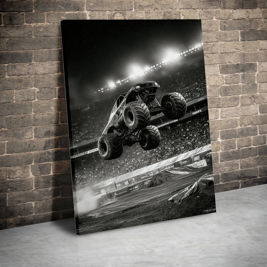 Monster Truck Vertical Canvas | Black and White Action Photography | Premium 1.25" Thick Wall Art | Collector's Gift for Boys Room & Man Cave Decor