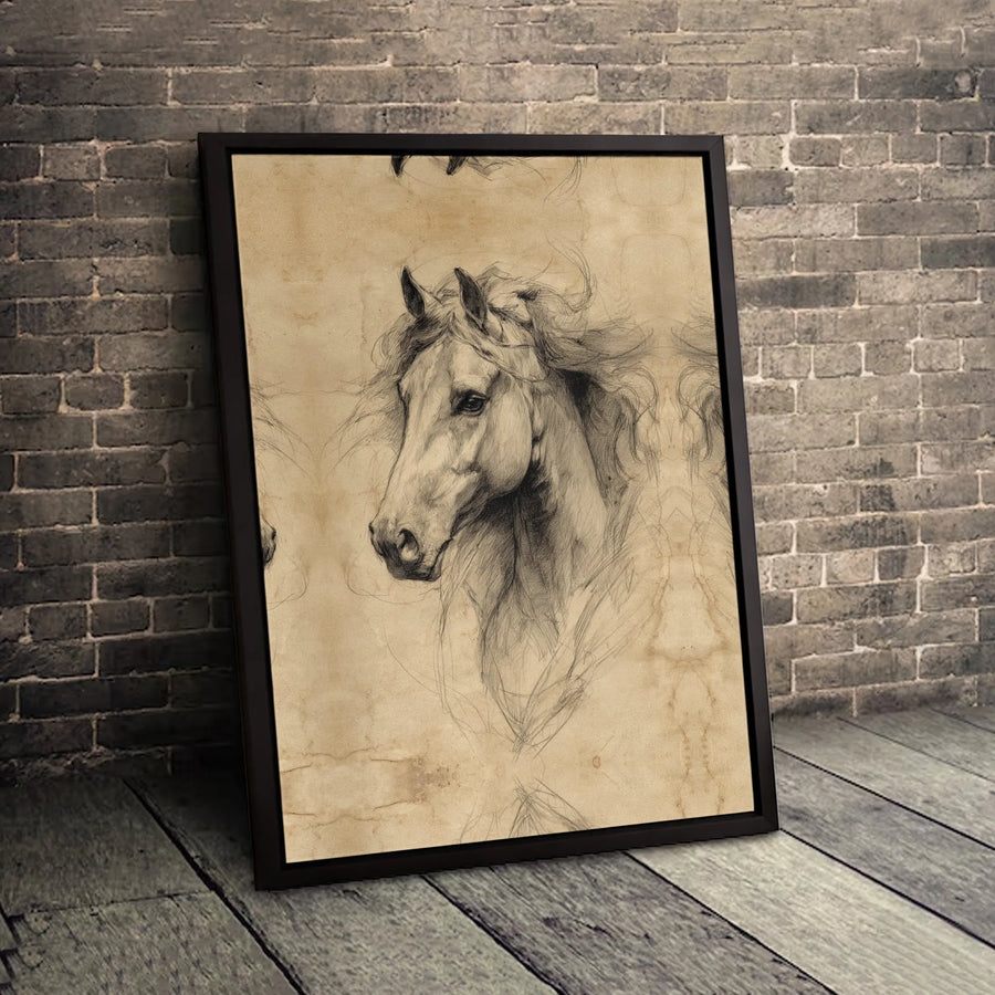 Horse Wall Art | Vintage Pencil Sketch Equestrian Decor | Gallery-Quality Premium Canvas Print | Farmhouse Home Office Gift
