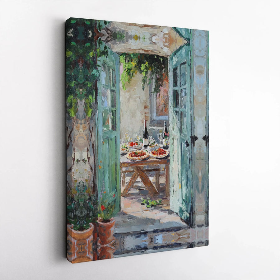 Italian Courtyard Canvas Wall Art | Impressionist Pizza and Wine Painting | Gallery Wrapped Premium Decor | Gift for Kitchen or Dining Room