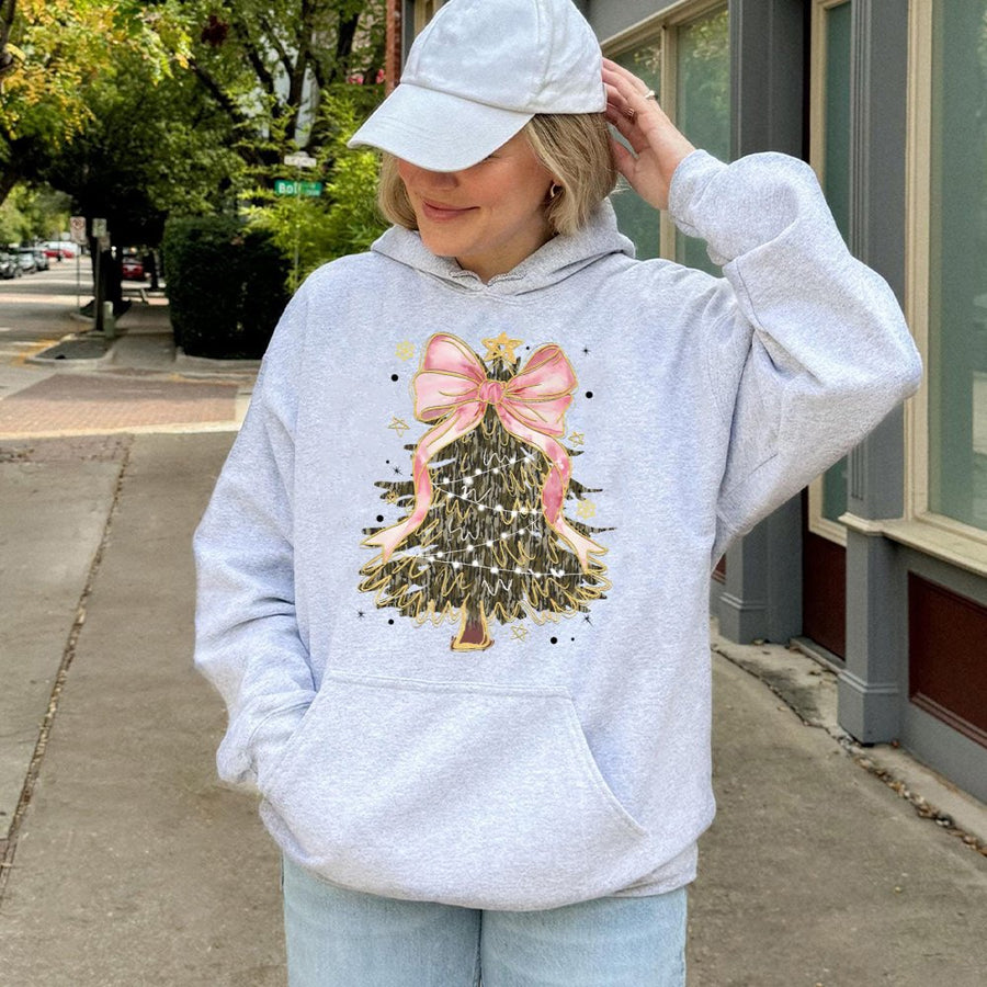 Camo Christmas Tree Hoodie | Pink Coquette Bow Graphic | Premium Cotton Blend | Trendy Holiday Gift for Women and Teens