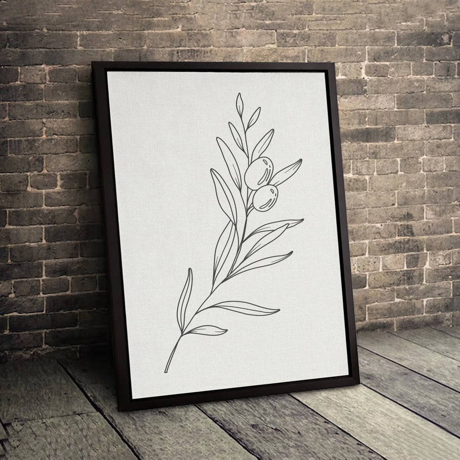 Minimalist Olive Branch Wall Art | Line Art Botanical Canvas Print | 1.25 Inch Gallery Wrap | Modern Home Decor for Living Room or Office