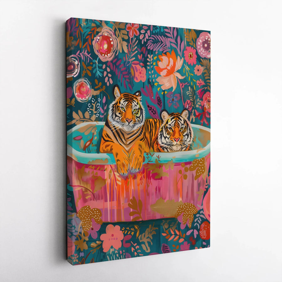 Tiger Canvas Wall Art | Colorful Floral Bathtub Jungle Print | Premium Gallery Wrap Canvas | Unique Animal Lover Gift & Boho Home Decor