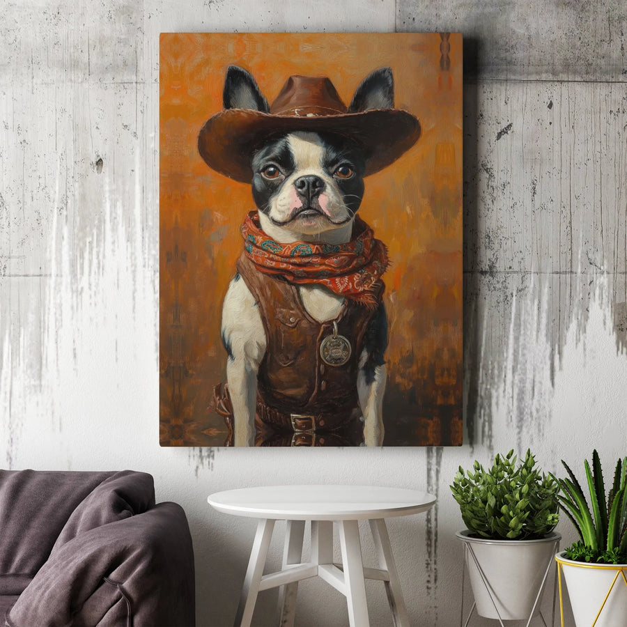Boston Terrier Cowboy Canvas Wall Art | Western Sheriff Dog Portrait | Premium Gallery Wrapped Canvas | Gift for Dog Lover, Rustic Farmhouse Decor