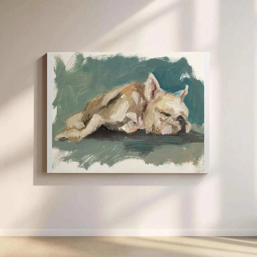 Sleeping French Bulldog Canvas Wall Art | Impressionist Dog Painting Print | Premium Thick Profile Canvas | Gift for Frenchie Mom & Dog Lovers