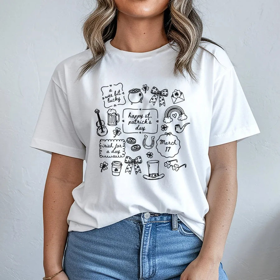 St. Patrick's Day T-Shirt | Irish Doodle Shamrock Graphic Tee | Premium Cotton Soft Crewneck | Lucky Gift for Men and Women