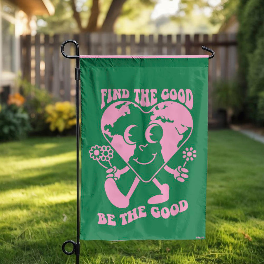 Find The Good Be The Good Garden Flag | Retro Earth Heart Floral Design | Weather-Resistant Polyester | Inspiring Outdoor Decor & Yard Gift