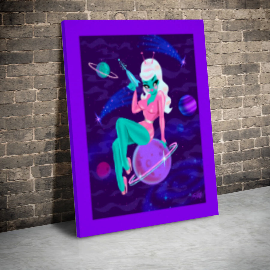 Retro Sci-Fi Pin-Up Alien Canvas | Galactic Space Girl with Ray Gun | Premium Gallery Wrapped Wall Art | Unique Gift for Space Lovers