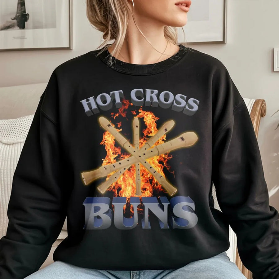 Hot Cross Buns Sweatshirt | Funny Music Teacher Gift | Premium Cotton Blend Crewneck | Humorous Flute Player Apparel for Musicians
