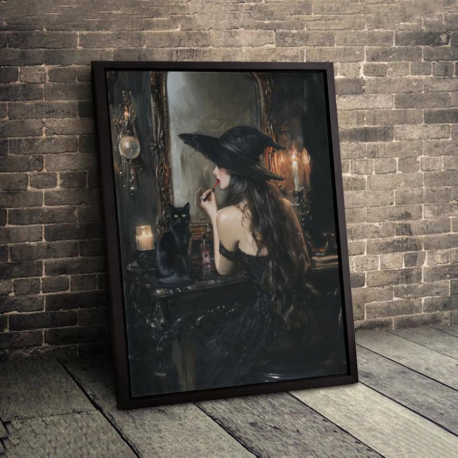 Gothic Witch Canvas Wall Art | Black Cat Vanity Portrait | Gallery-Quality Fade-Resistant Print | Dark Academia Home Decor Gift