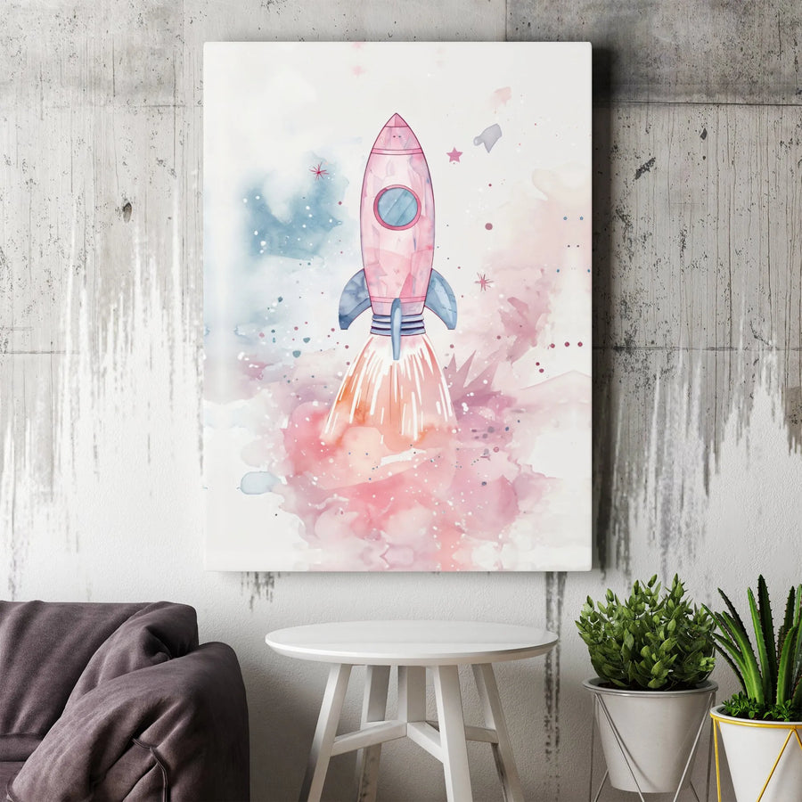 Pink Rocket Ship Canvas Print | Watercolor Space Nursery Wall Art | 1.25-Inch Gallery Wrapped | Premium Kids Room Decor