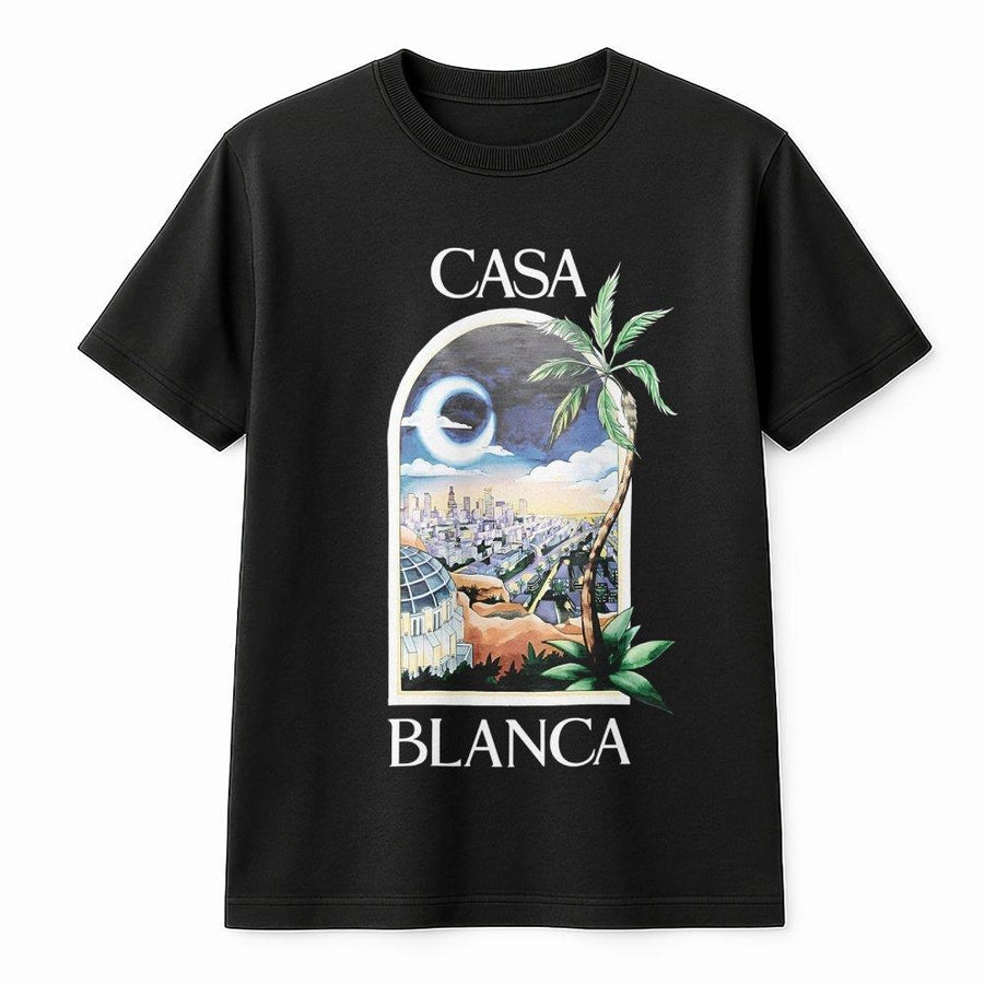 Casa Blanca Graphic T-Shirt | Retro City Palm Tree Sunset Illustration | Premium Soft Cotton | Unisex Vacation Travel Summer Streetwear Gift