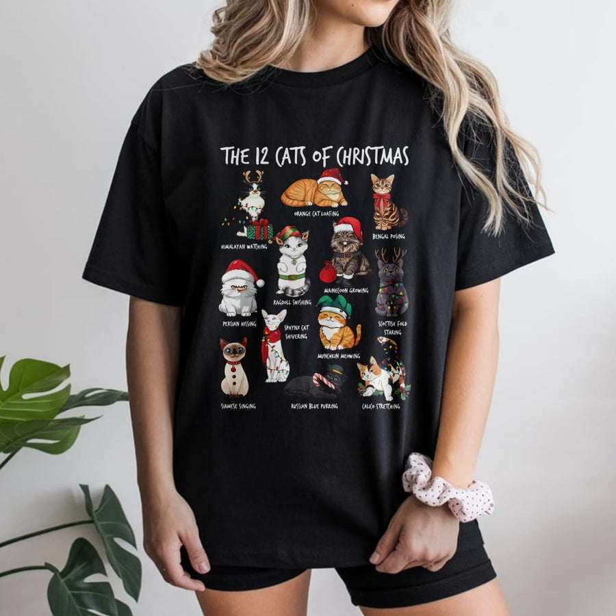 12 Cats of Christmas T-Shirt | Festive Feline Holiday Graphic Tee | Premium 100% Cotton | Cute Cat Lover Christmas Gift for Women and Men