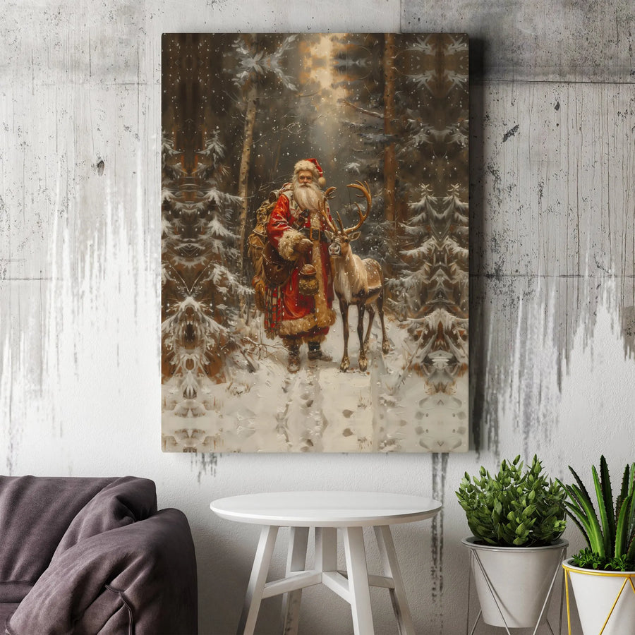 Santa Claus and Reindeer Canvas Print | Snowy Winter Forest Landscape | Premium Fade-Resistant Wall Art | Christmas Holiday Home Decor Gift