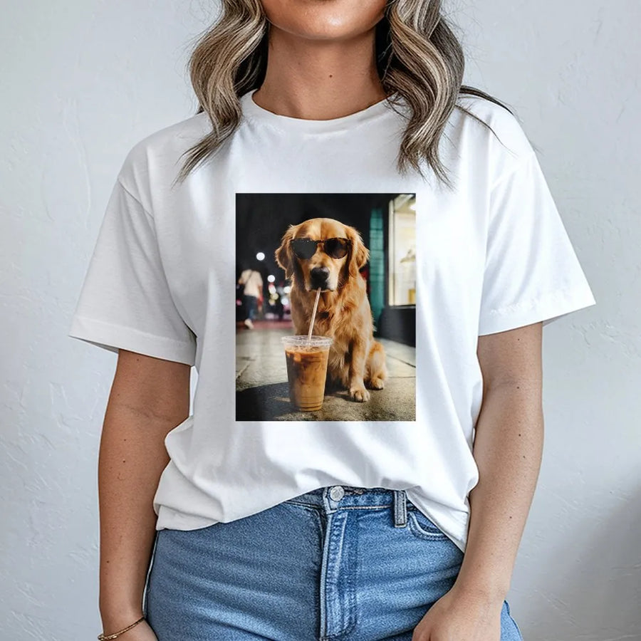 Golden Retriever T-Shirt | Dog with Sunglasses Drinking Coffee Graphic | Premium Cotton Blend Sweatshirt | Funny Gift for Dog Lovers