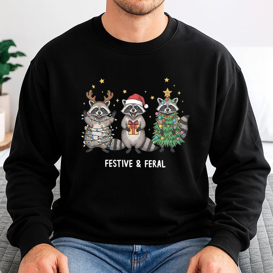 Festive & Feral Raccoon Sweatshirt | Funny Christmas Holiday Graphic Tee | Premium Cotton Blend | Gift for Animal Lovers & Trash Panda Fans