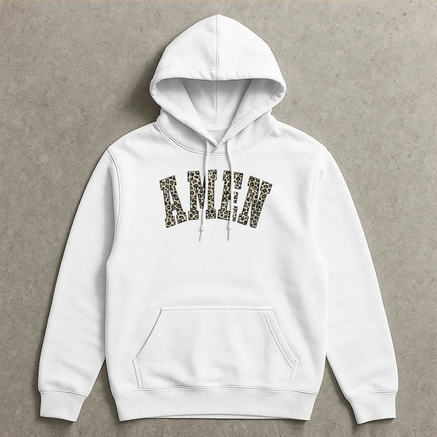 Amen Hoodie | Leopard Print Varsity Lettering | Premium Soft Fleece Pullover | Christian Faith Gift for Her