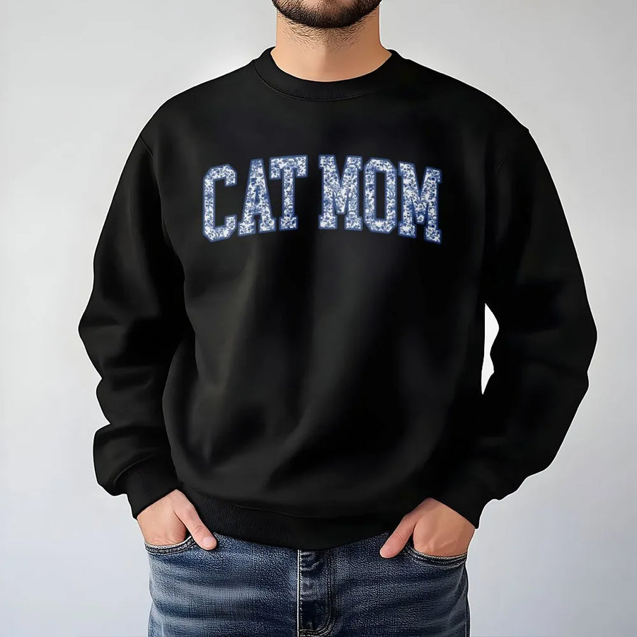 Cat Mom Sweatshirt | Blue Floral Aesthetic Lettering | Soft Cotton Blend Crewneck | Cute Gift for Cat Lovers & Pet Owners