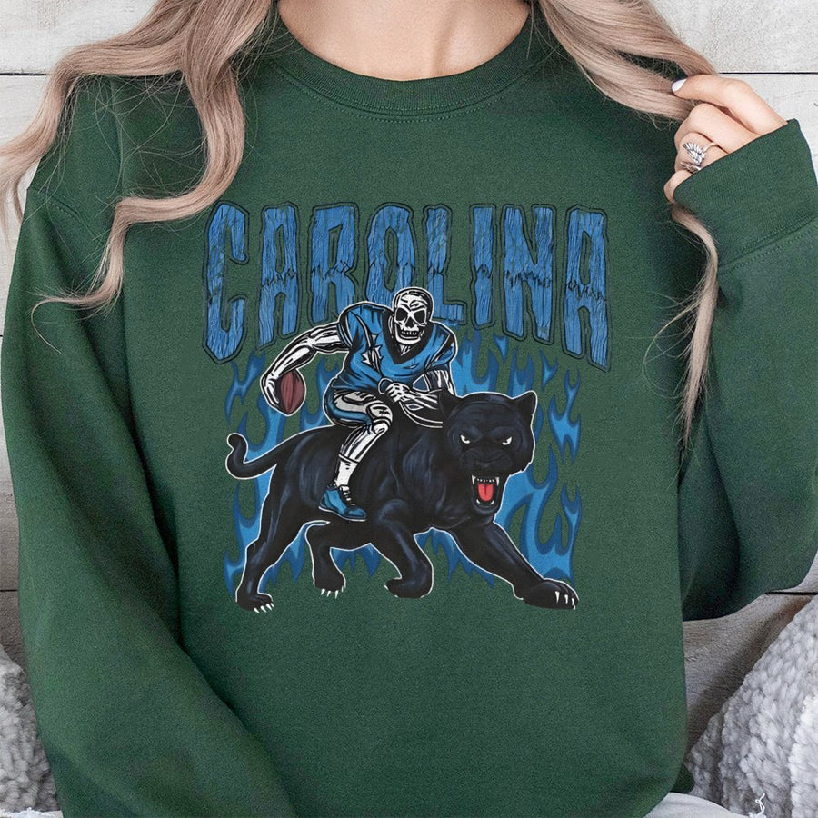 Carolina Skeleton Football Player Riding A Black Panther With Blue Flames Sweatshirt
