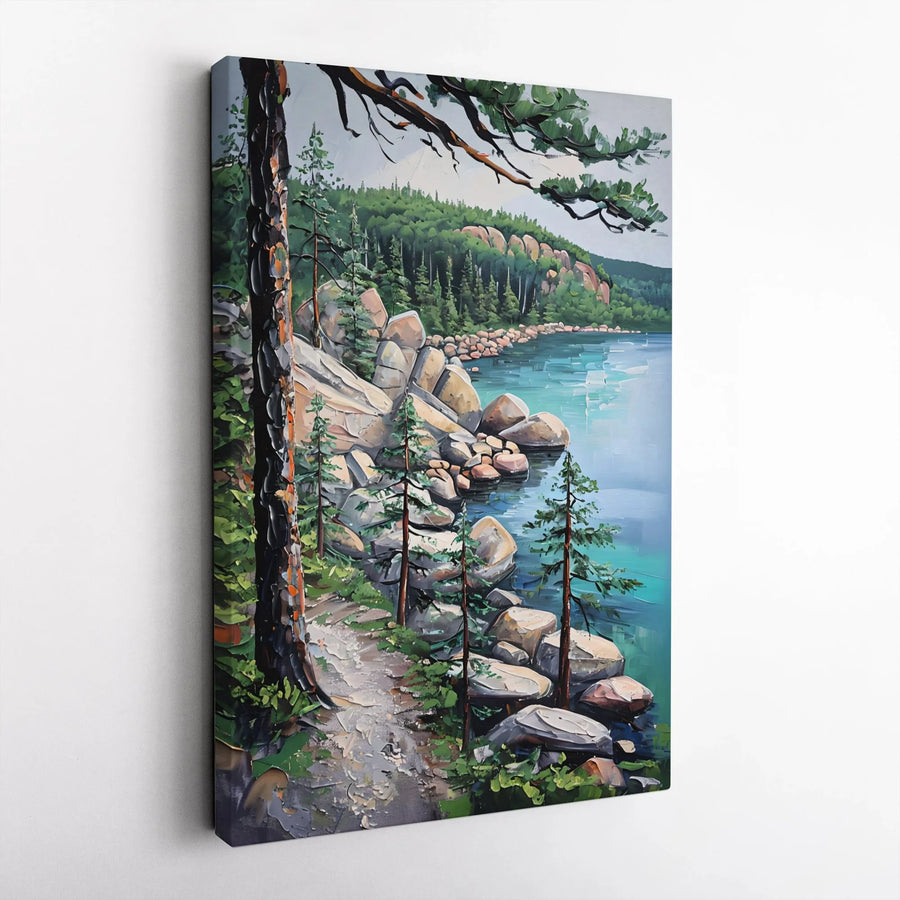 Rocky Lakeside Trail Canvas Wall Art | Impressionist Pine Forest Landscape | 1.25" Premium Gallery Wrapped | Nature Lover Gift Decor