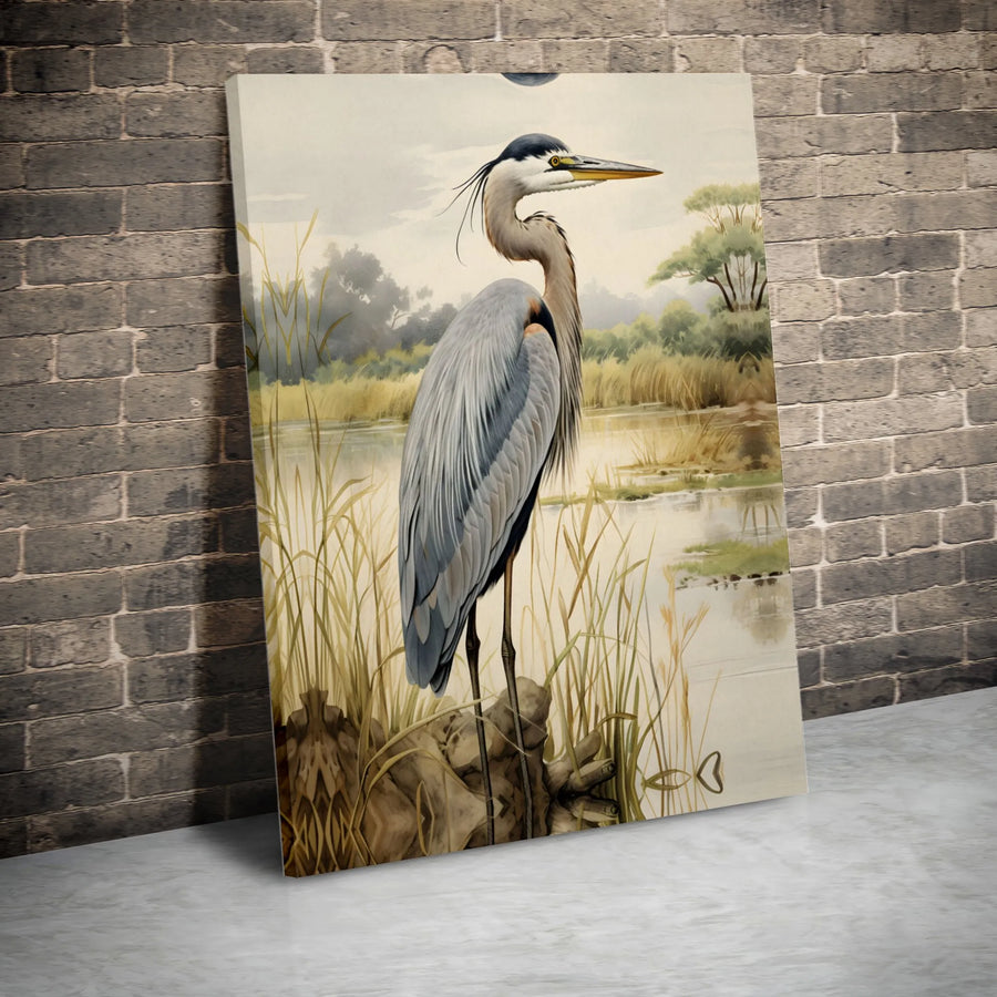 Great Blue Heron Canvas Wall Art | Marshland Bird Watercolor Print | Premium Gallery-Wrapped Decor | Nature Lover Gift for Home and Office