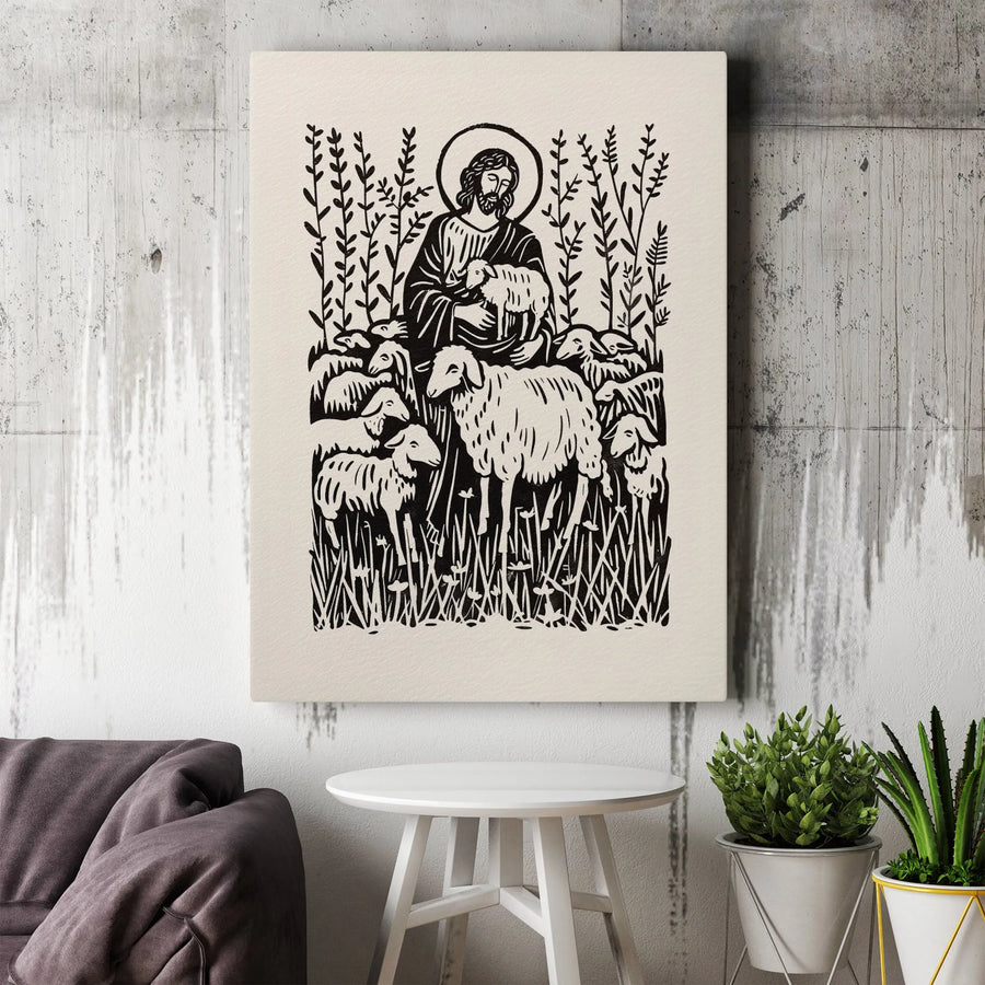 Jesus The Good Shepherd Canvas | Linocut Style Christian Wall Art | Premium Gallery Wrapped Print | Religious Home Decor Gift for Believers