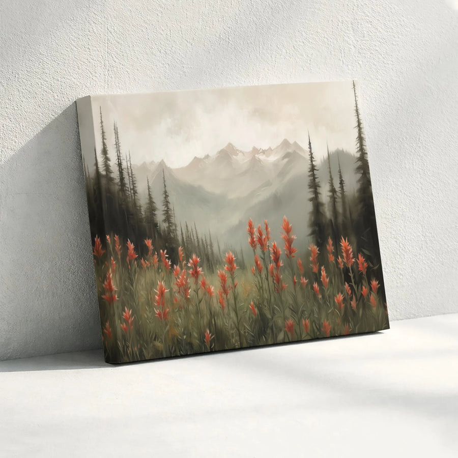 Mountain Landscape Canvas Print | Misty Wildflower Meadow & Forest Scene | Premium Gallery Quality Art | Rustic Farmhouse Wall Decor Gift