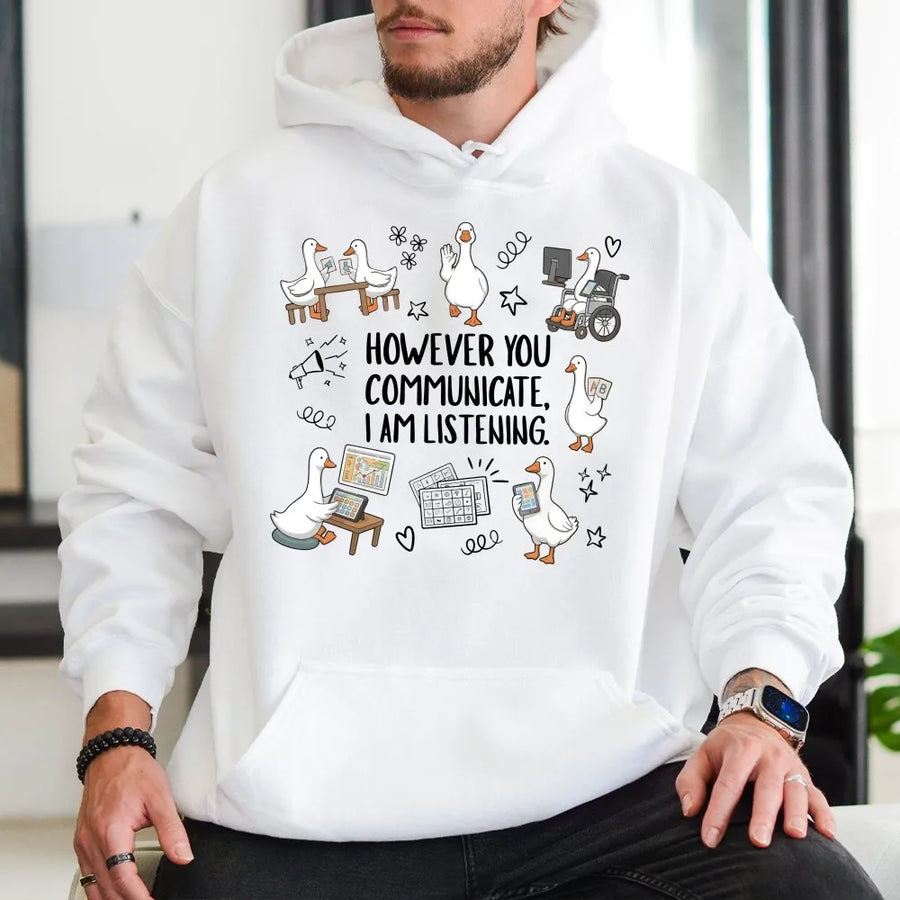 SPED Teacher Hoodie | AAC Communication Goose Graphic | Premium Cotton-Blend | Gift for Special Education Teacher